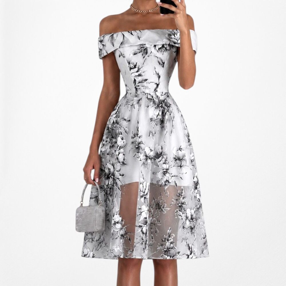 Blue Gray Floral Sheer Organza Off The Shoulder Flared Knee Length Dress Size XS